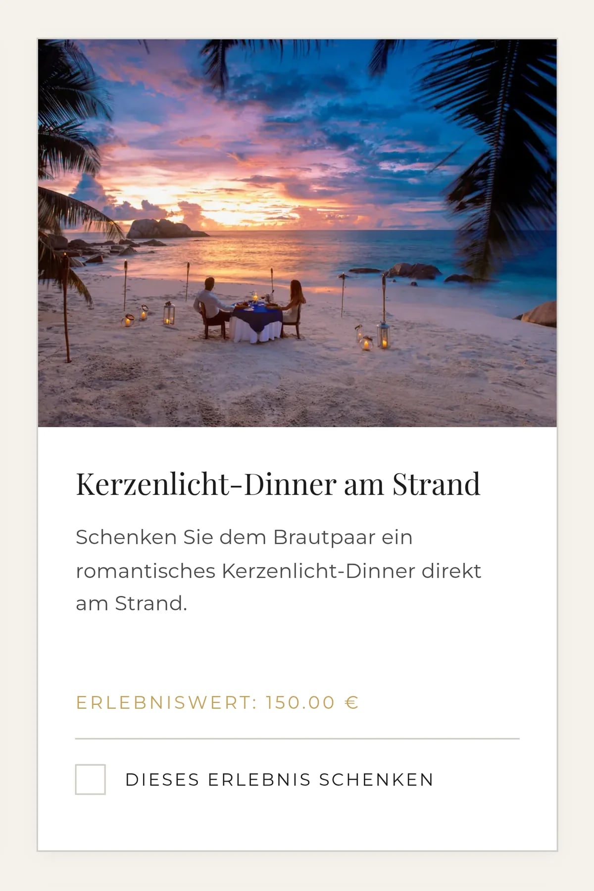 Karte aus einer MIRA KODA Geschenkeliste: Kerzenlicht-Dinner am Strand mit Erlebniswert
